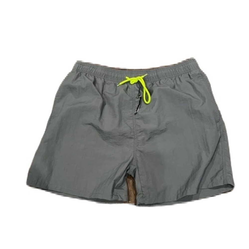 Men's Gray Swim Shorts with Neon Yellow Drawstring